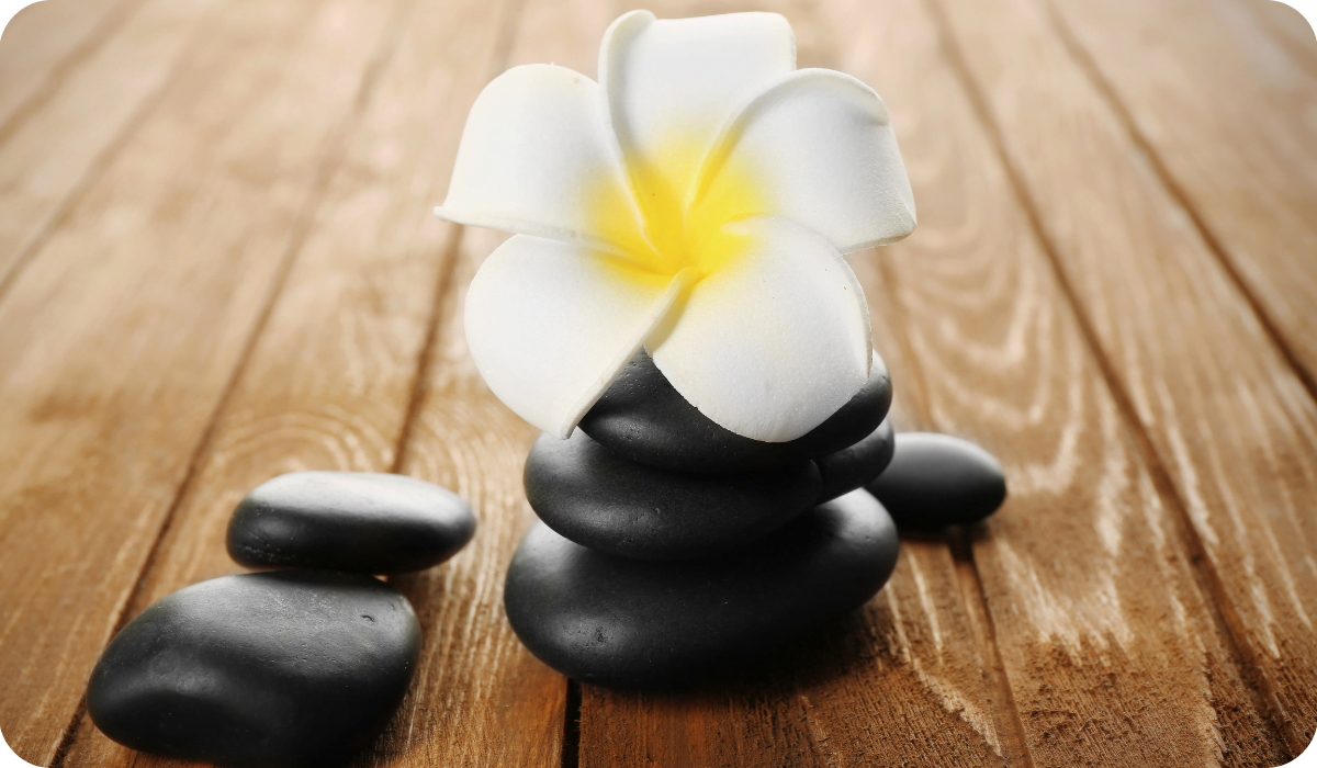 Spa stones and White Plumeria Flower - This is the Most Popular Flower used in Spas around the World